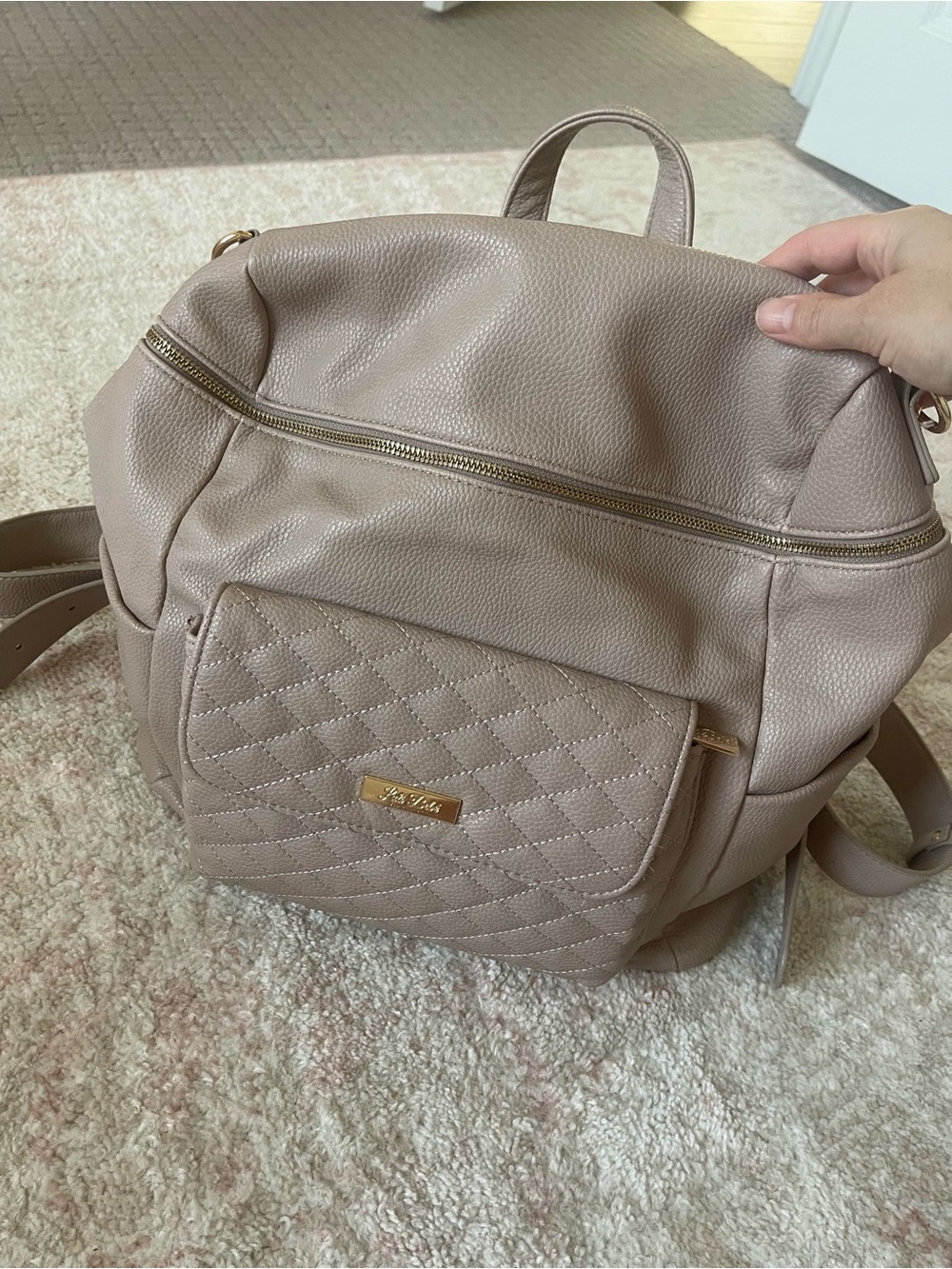 Quilted Front Backpack in Taupe with Gold Accents